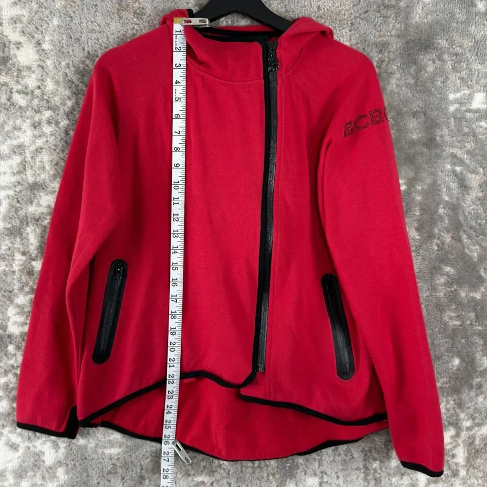 BCBGMaxazria Womens Size M Rhinestone Hooded Full Zip Sweater Red Long Sleeve‎